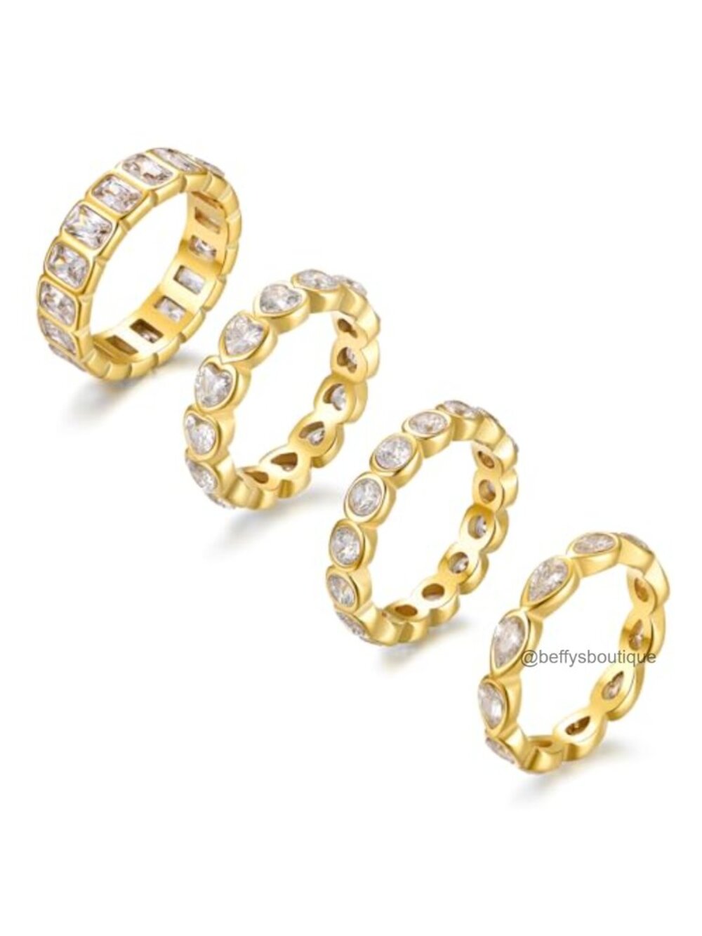 14K Gold Plated Stainless Steel Cubic Zirconia Stackable Ring Set 4pc